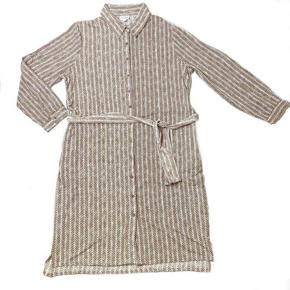 NEW‎ Lularoe XL Ellie Shirt Dress Tan Herringbone Stripe Full Button NWT 90S Y2K